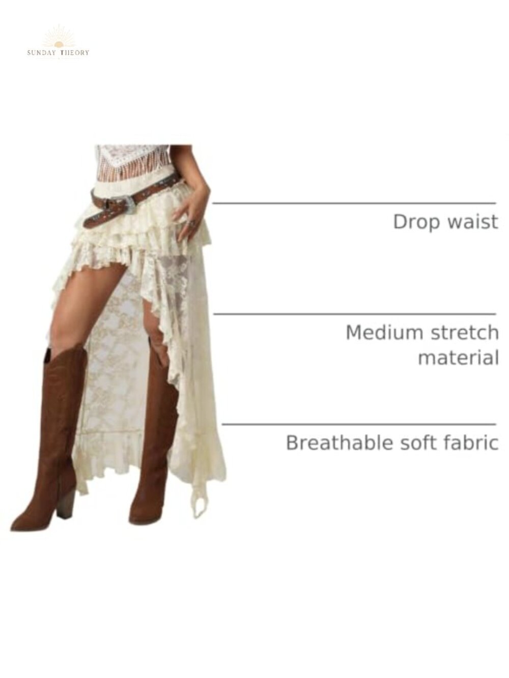 Boho Lace Asymmetrical Maxi Skirt Western Cowgirl Drop Waist - Picture 3 of 5